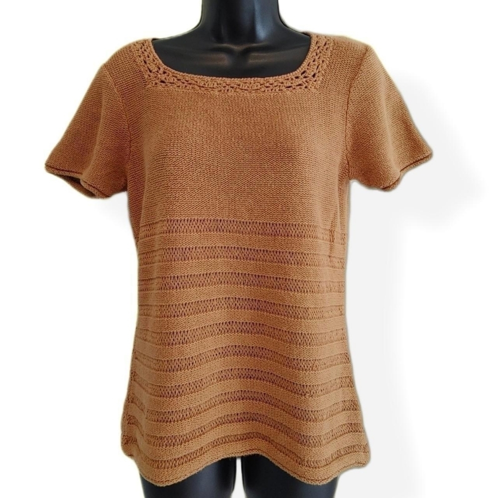 Essential Tan Knit Top Size Medium Women's Blouse Crochet